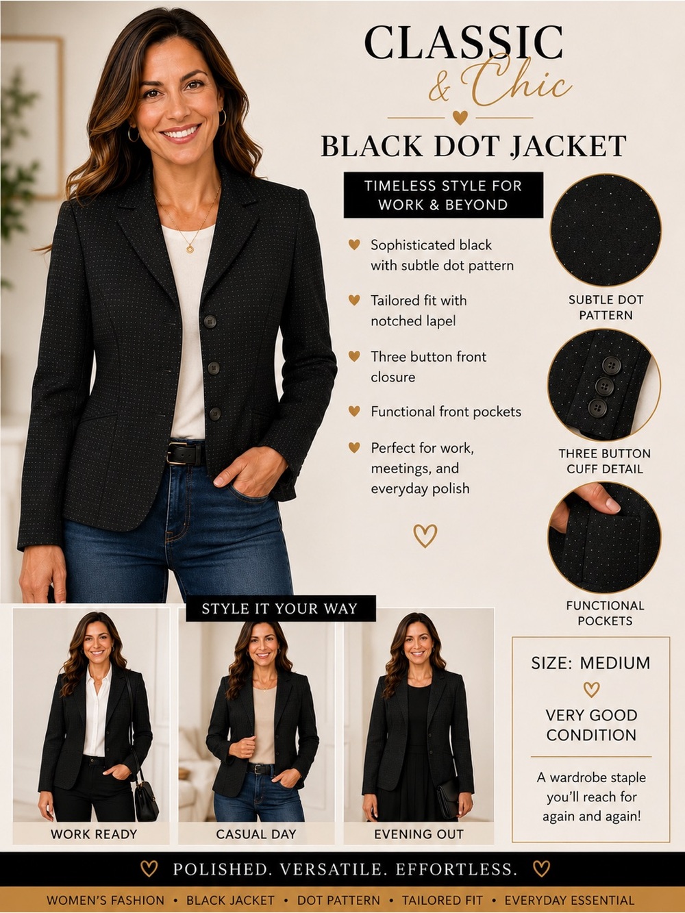 Caslon Black Micro Dot Tailored Blazer Jacket Size 6
